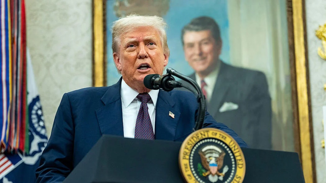 Trump at podium CBS News