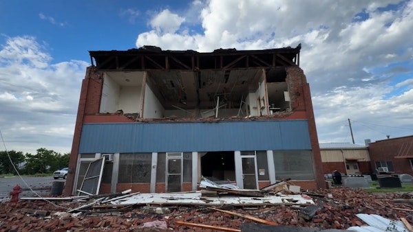 Storm damage to vacant building downtown McAlester June 7 2025