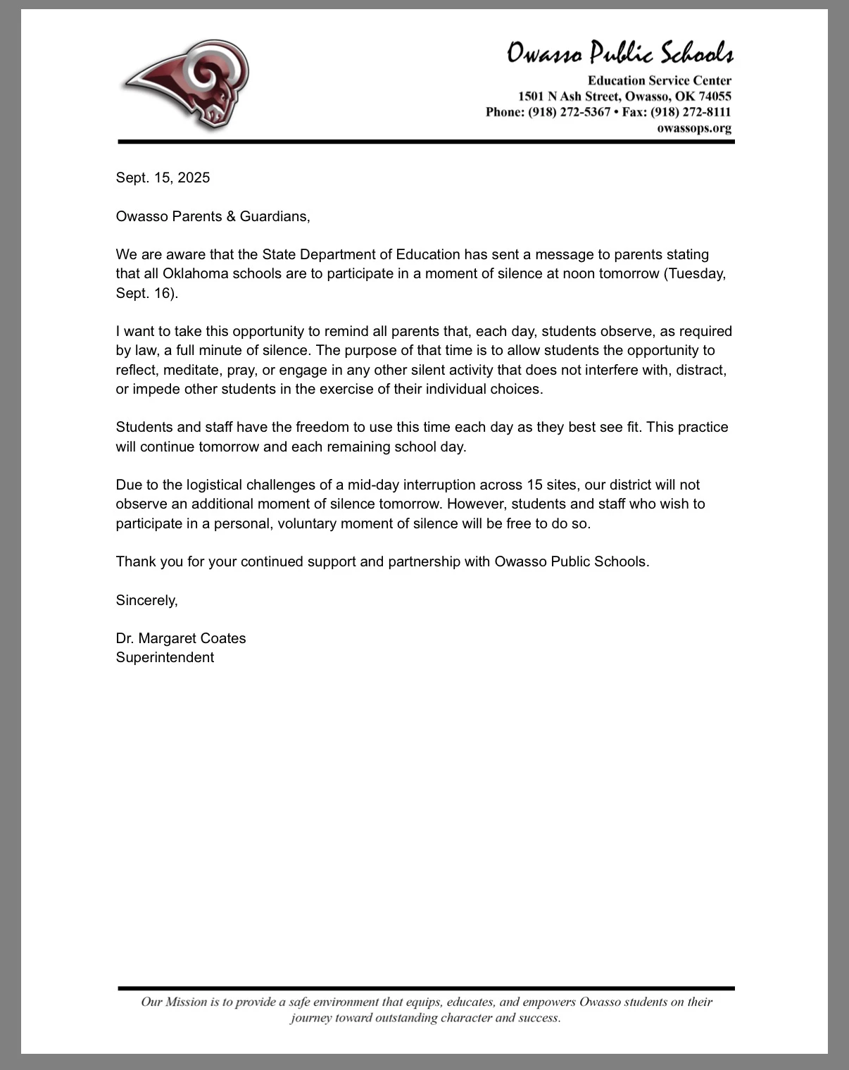 Owasso Public Schools Moment of Silence Statement
